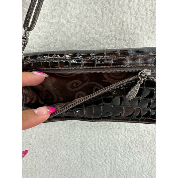 Brighton Womens Crossbody Bag Brown Patent Crocodile Print Snap Flap Card Slot M - Picture 3 of 12